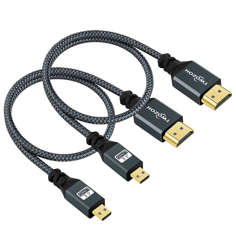 Twozoh كابل Micro HDMI إلى HDMI بطول 1 قدم 2 حزمة، كابل Micro HDMI مضفر من النايلون يدعم 3D/4K@60Hz 18Gbps/2160P/1080P لكاميرا GoPro Hero7/8/9 Raspberry Pi 4 - Image 1